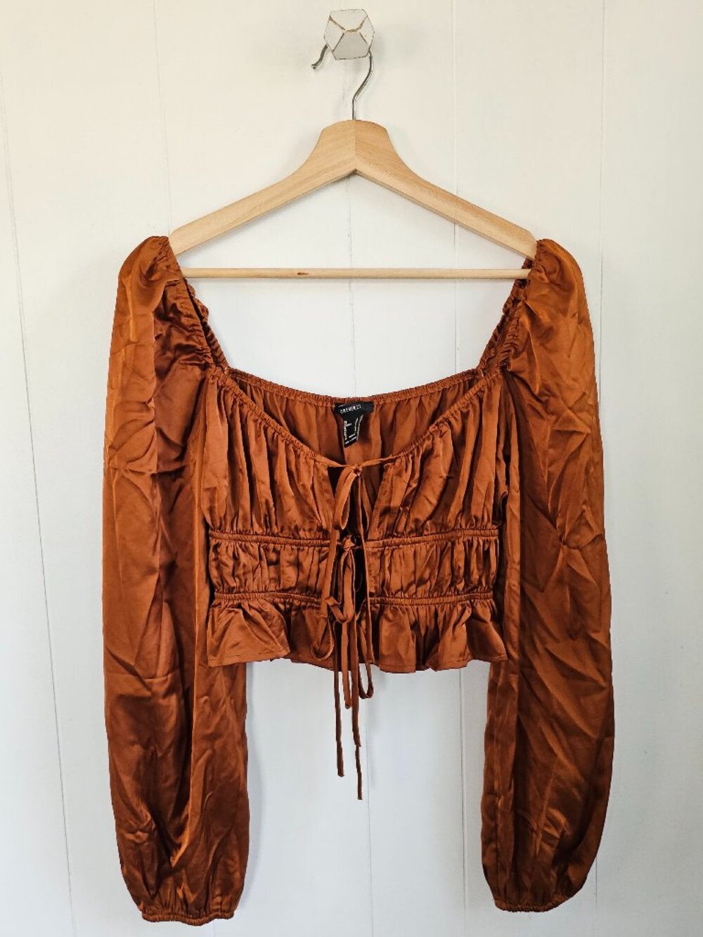 F21 Satin Tie Front Peasant Crop Top